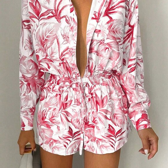 Watermelon Pink Boho Women's Tropical Print Long Sleeve Shirt & Shorts Set - Picture 1 of 4